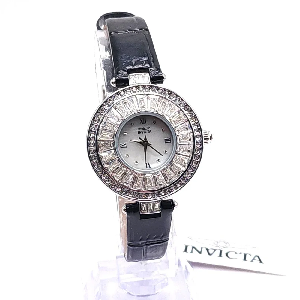 Invicta Celestial 70351 Womens Watch Silver Crystal Black Leather 30mm NEW